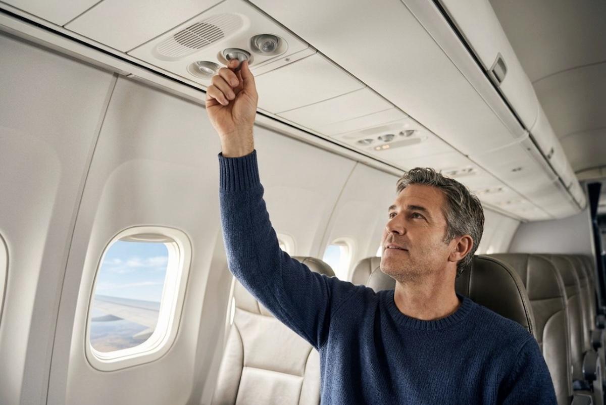 A person reaching up to turn off the overhead air vent on a plane to help keep their eyes moist on a flight.