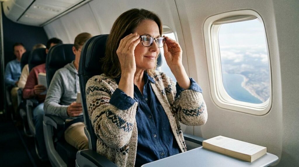 Adult wearing prescription glasses while traveling on a flight.