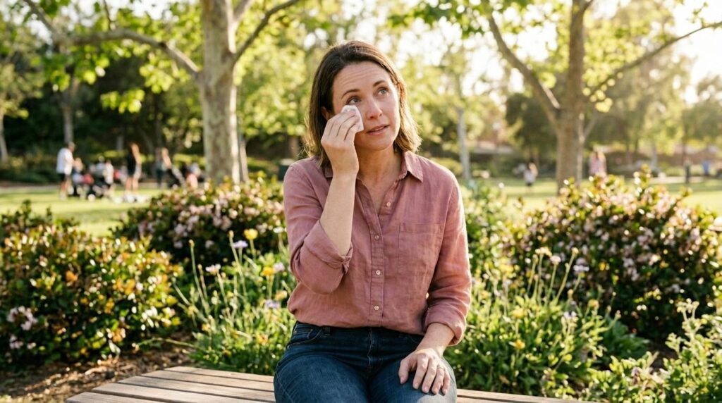 An adult rubbing their dry, irritated eyes outdoors during allergy season.