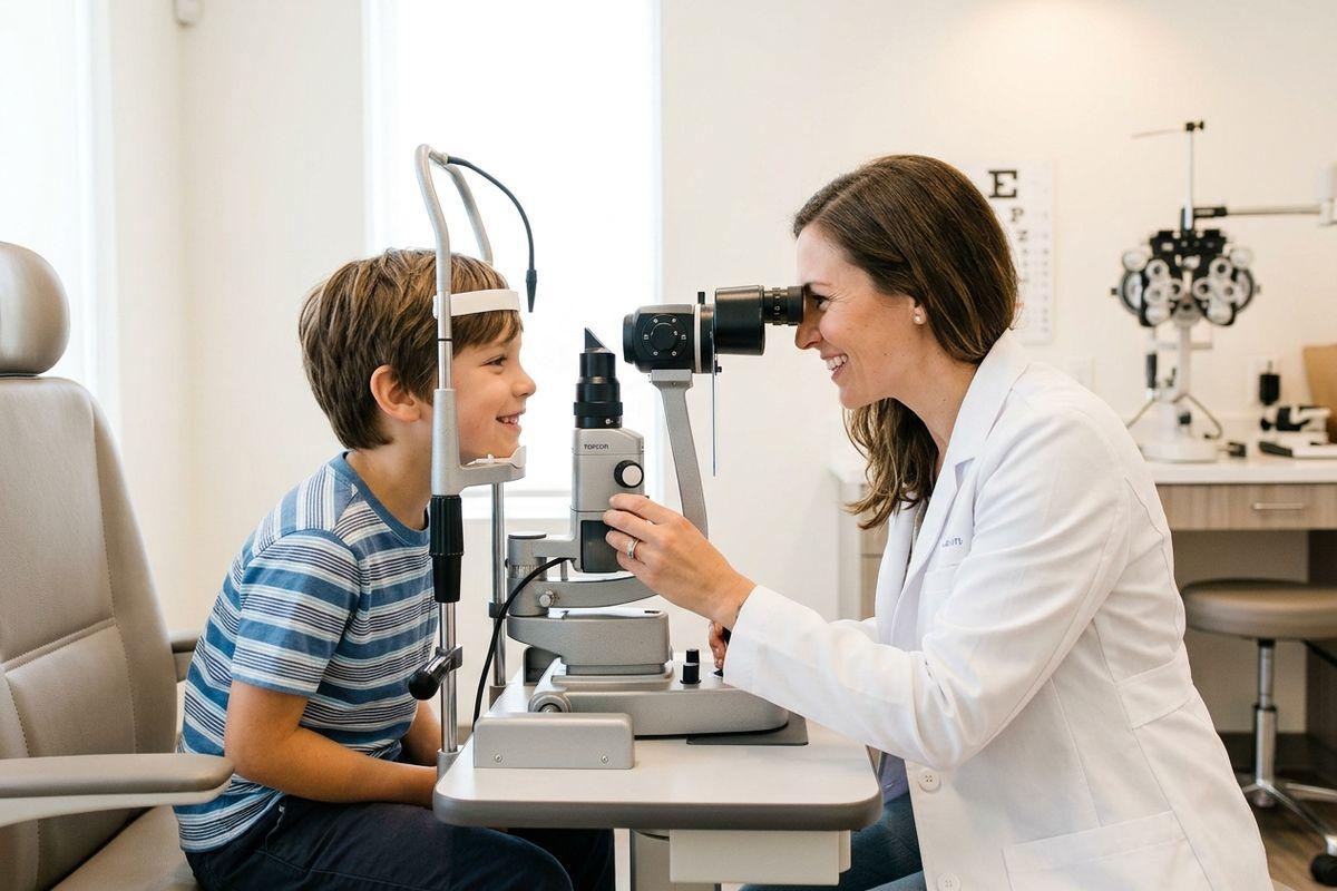 Smiling optometrist uses a slit lamp to examine a smiling child's eyes in an eye exam room.