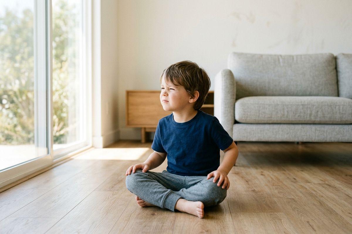 Young child sitting cross-legged on a wood floor in a bright living room, squinting and looking sideways toward a large window.