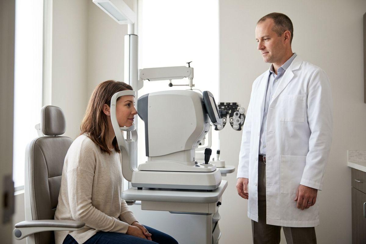 Optometrist speaking with a seated patient beside an eye exam machine in a clinic room.