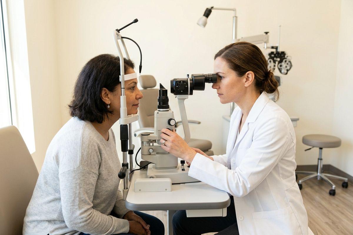 Optometrist examines a patient's eye using a slit lamp in an eye exam room. Patient sits still with a forehead rest in place.