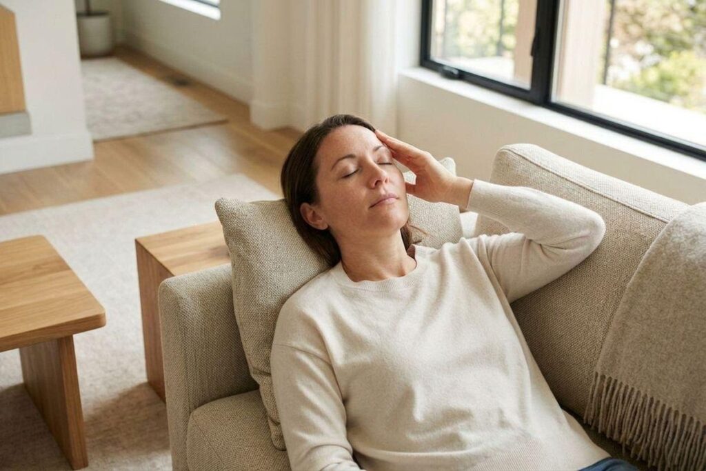 Adult reclining on a sofa with eyes closed, hand raised to temple, in a bright living room with wooden flooring.