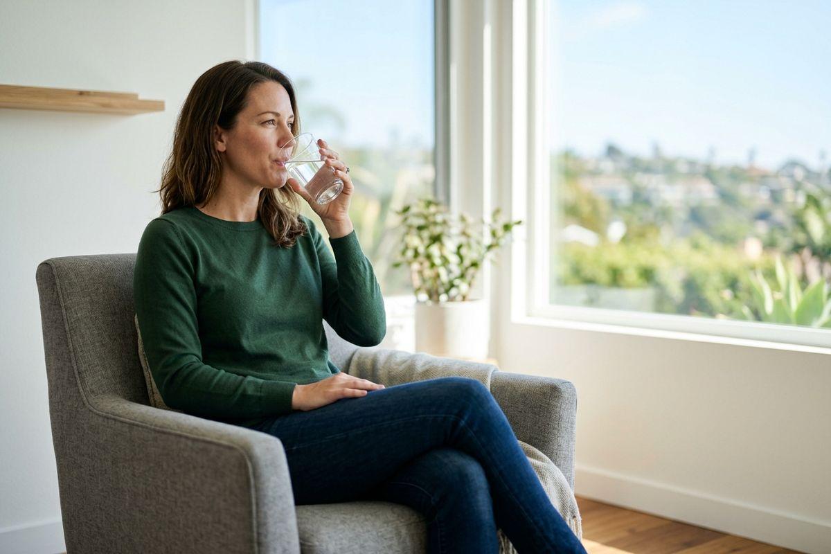 Adult sitting in a gray armchair drinking from a glass of water, gazing toward a large sunlit window with a green outdoor view.